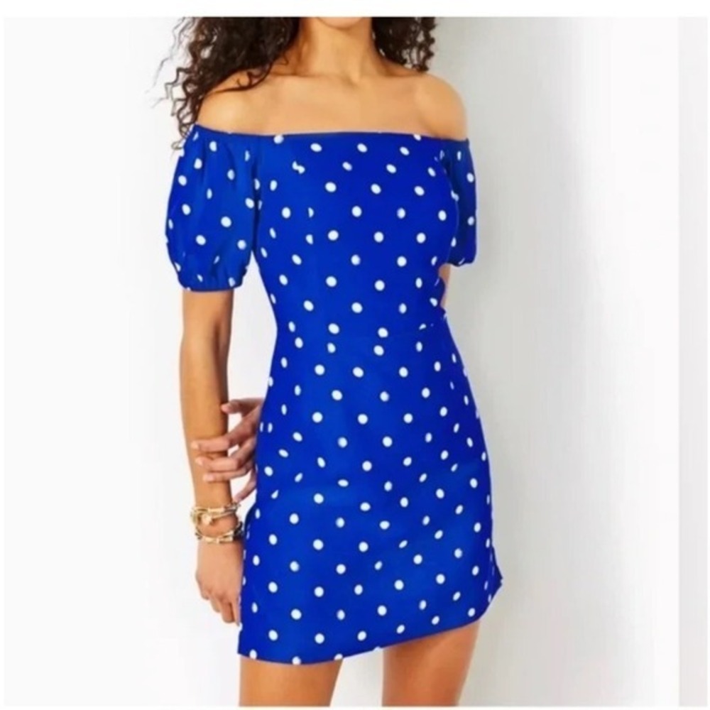 Lilly‎ Pulitzer Blue with white polka dot skirted romper